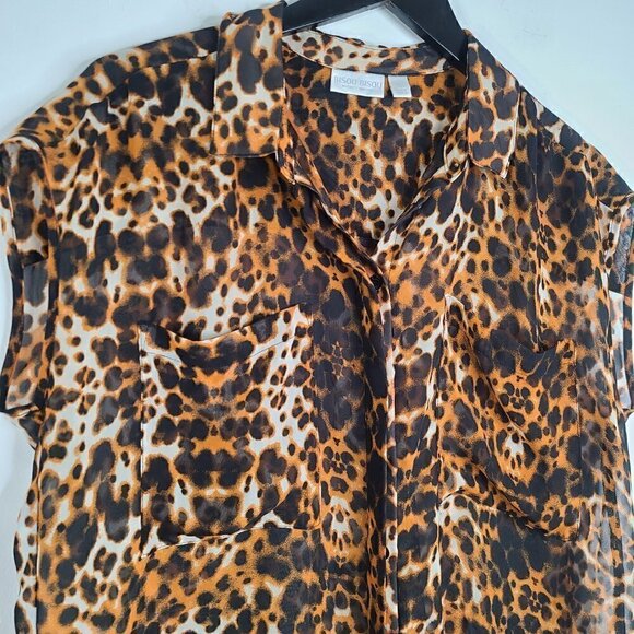 Bisou Bisou Leopard Cheetah Print Boxy Sheer Button Up Top - Picture 3 of 7
